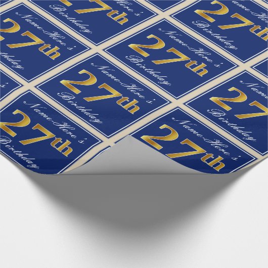 エレガント青、フェイク金ゴールド27番目の誕生日+名前 ラッピングペーパー (角)