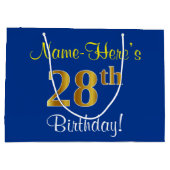 エレガント青、フェイク金ゴールド28番目の誕生日+名前 ラージペーパーバッグ (裏面)