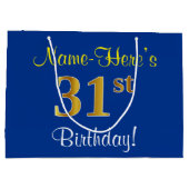 エレガント青、フェイク金ゴールド31番目の誕生日+名前 ラージペーパーバッグ (裏面)