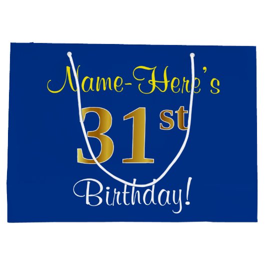 エレガント青、フェイク金ゴールド31番目の誕生日+名前 ラージペーパーバッグ (裏面)