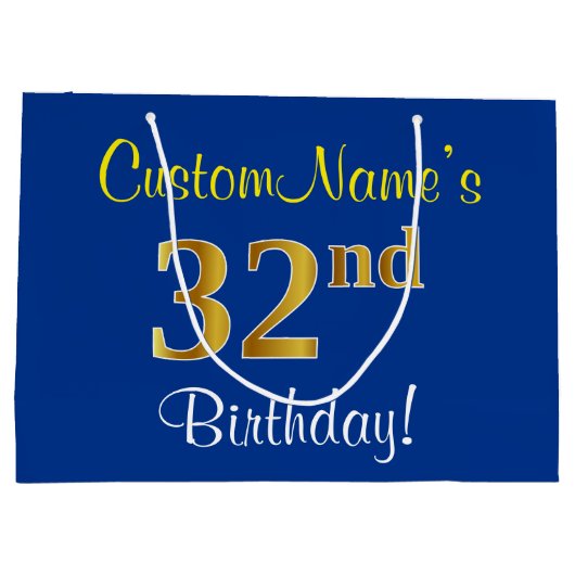 エレガント青、フェイク金ゴールド32番目の誕生日+名前 ラージペーパーバッグ (裏面)