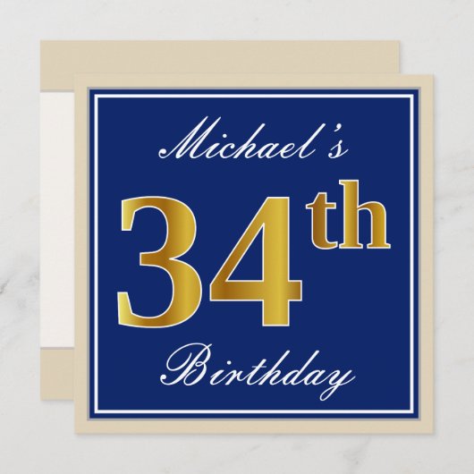 エレガント青、フェイク金ゴールド34番目の誕生日+名前 招待状 (正面/裏面)