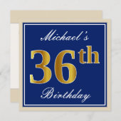 エレガント青、フェイク金ゴールド36番目の誕生日+名前 招待状 (正面/裏面)