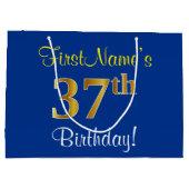 エレガント青、フェイク金ゴールド37番目の誕生日+名前 ラージペーパーバッグ (裏面)