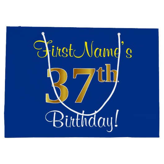 エレガント青、フェイク金ゴールド37番目の誕生日+名前 ラージペーパーバッグ (裏面)