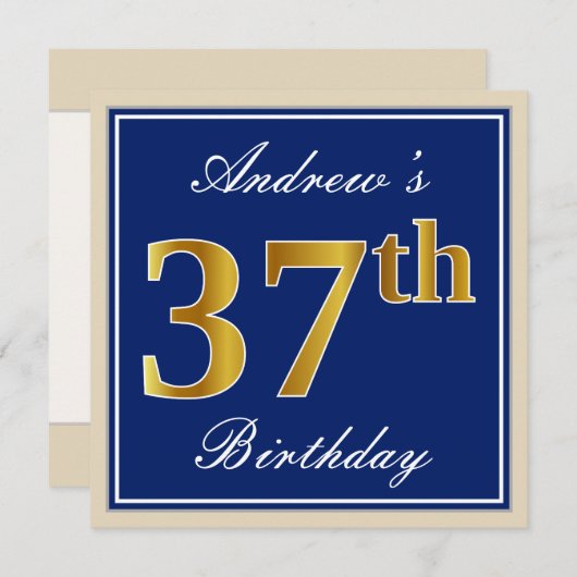 エレガント青、フェイク金ゴールド37番目の誕生日+名前 招待状 (正面/裏面)