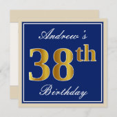 エレガント青、フェイク金ゴールド38番目の誕生日+名前 招待状 (正面/裏面)