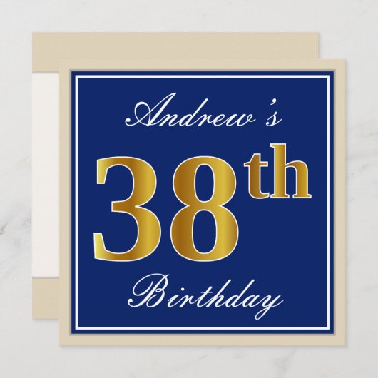 エレガント青、フェイク金ゴールド38番目の誕生日+名前 招待状 (正面/裏面)