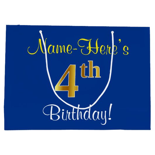 エレガント青、フェイク金ゴールド4歳、名前をカスタムする ラージペーパーバッグ (裏面)