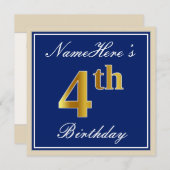 エレガント青、フェイク金ゴールド4歳、名前をカスタムする 招待状 (正面/裏面)