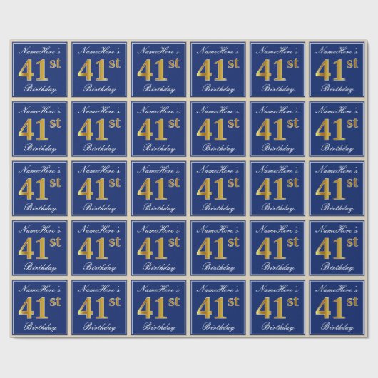 エレガント青、フェイク金ゴールド41番目の誕生日+名前 ラッピングペーパー (フラット)