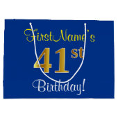 エレガント青、フェイク金ゴールド41番目の誕生日+名前 ラージペーパーバッグ (裏面)