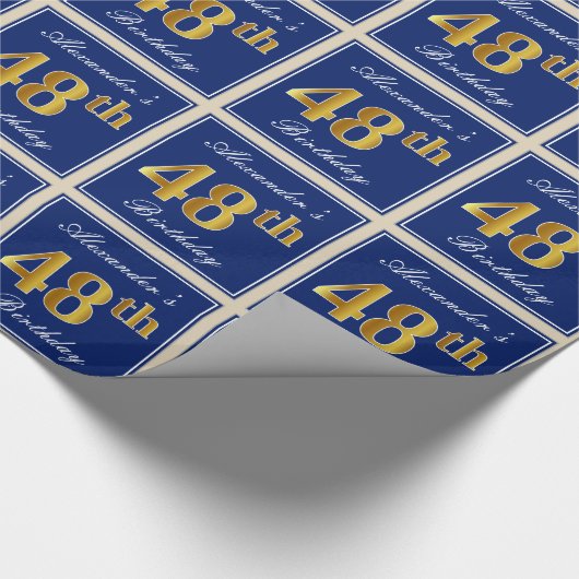 エレガント青、フェイク金ゴールド48番目の誕生日+名前 ラッピングペーパー (角)