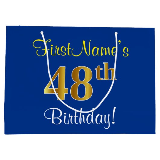 エレガント青、フェイク金ゴールド48番目の誕生日+名前 ラージペーパーバッグ (裏面)