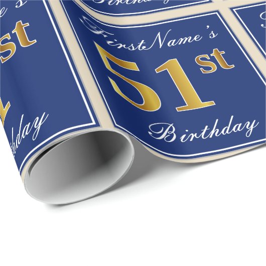 エレガント青、フェイク金ゴールド51番目の誕生日+名前 ラッピングペーパー (ロールコーナー)