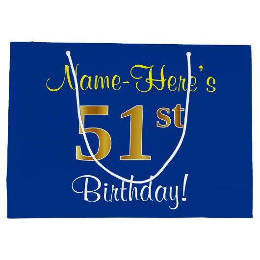 エレガント青、フェイク金ゴールド51番目の誕生日+名前 ラージペーパーバッグ (裏面)