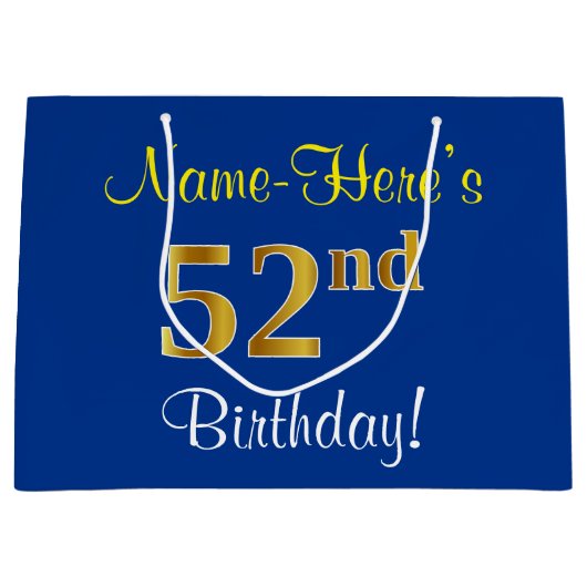 エレガント青、フェイク金ゴールド52番目の誕生日+名前 ラージペーパーバッグ (正面)