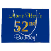 エレガント青、フェイク金ゴールド52番目の誕生日+名前 ラージペーパーバッグ (裏面)