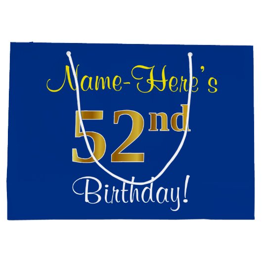 エレガント青、フェイク金ゴールド52番目の誕生日+名前 ラージペーパーバッグ (裏面)