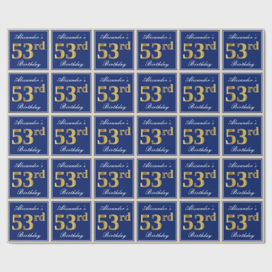 エレガント青、フェイク金ゴールド53番目の誕生日+名前 ラッピングペーパー (フラット)