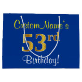 エレガント青、フェイク金ゴールド53番目の誕生日+名前 ラージペーパーバッグ (裏面)