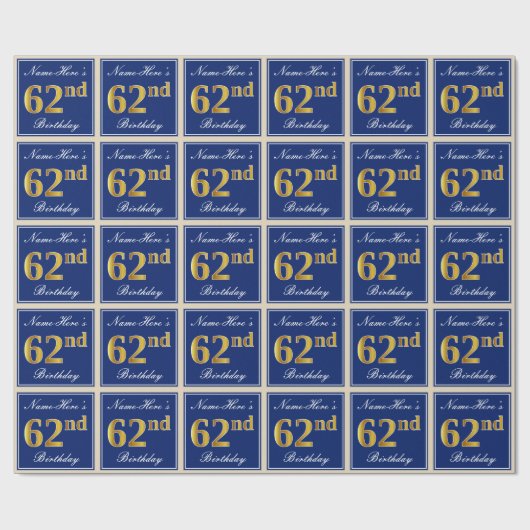 エレガント青、フェイク金ゴールド62番目の誕生日+名前 ラッピングペーパー (フラット)