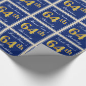 エレガント青、フェイク金ゴールド64番目の誕生日+名前 ラッピングペーパー (角)