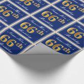 エレガント青、フェイク金ゴールド66番目の誕生日+名前 ラッピングペーパー (角)