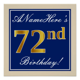エレガント青、フェイク金ゴールド72番目の誕生日+名前 ポスター