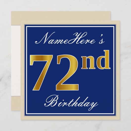エレガント青、フェイク金ゴールド72番目の誕生日+名前 招待状 (正面/裏面)