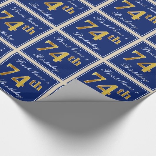 エレガント青、フェイク金ゴールド74番目の誕生日+名前 ラッピングペーパー (角)