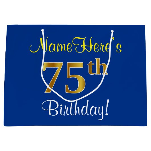 エレガント青、フェイク金ゴールド75番目の誕生日+名前 ラージペーパーバッグ (正面)