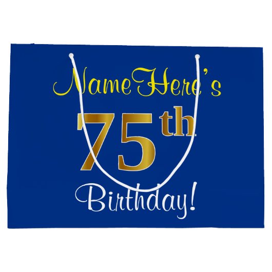 エレガント青、フェイク金ゴールド75番目の誕生日+名前 ラージペーパーバッグ (裏面)