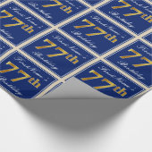 エレガント青、フェイク金ゴールド77番目の誕生日+名前 ラッピングペーパー (角)