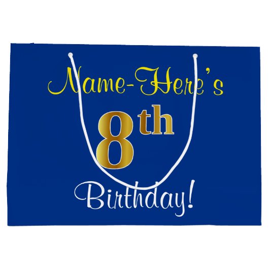エレガント青、フェイク金ゴールド8誕生日、名前をカスタムする ラージペーパーバッグ (裏面)