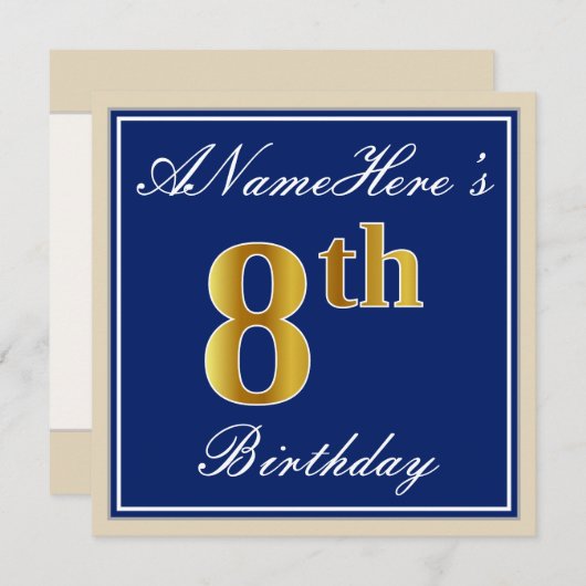 エレガント青、フェイク金ゴールド8誕生日、名前をカスタムする 招待状 (正面/裏面)