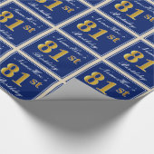 エレガント青、フェイク金ゴールド81番目の誕生日+名前 ラッピングペーパー (角)