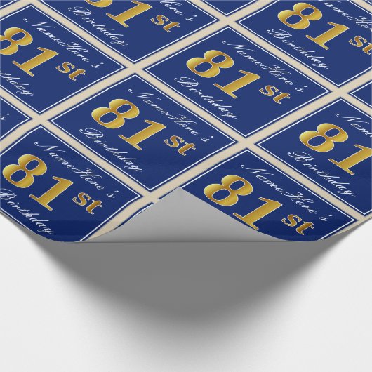 エレガント青、フェイク金ゴールド81番目の誕生日+名前 ラッピングペーパー (角)