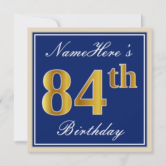 エレガント青、フェイク金ゴールド84番目の誕生日+名前 招待状 (正面)