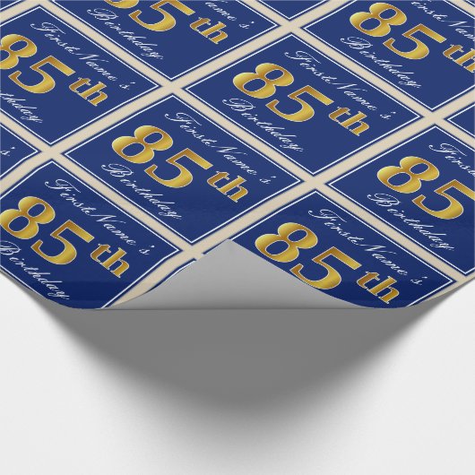 エレガント青、フェイク金ゴールド85番目の誕生日+名前 ラッピングペーパー (角)