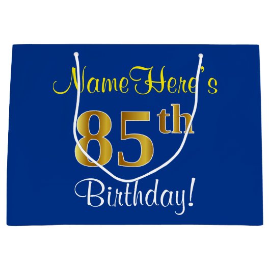 エレガント青、フェイク金ゴールド85番目の誕生日+名前 ラージペーパーバッグ (正面)