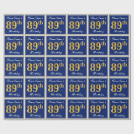 エレガント青、フェイク金ゴールド89番目の誕生日+名前 ラッピングペーパー