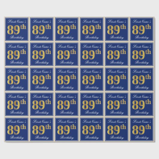 エレガント青、フェイク金ゴールド89番目の誕生日+名前 ラッピングペーパー (フラット)