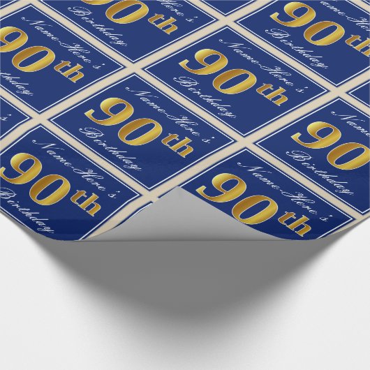 エレガント青、フェイク金ゴールド90番目の誕生日+名前 ラッピングペーパー (角)