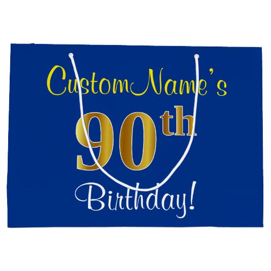 エレガント青、フェイク金ゴールド90番目の誕生日+名前 ラージペーパーバッグ (裏面)
