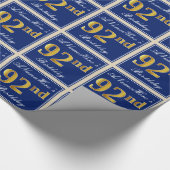 エレガント青、フェイク金ゴールド92番目の誕生日+名前 ラッピングペーパー (角)