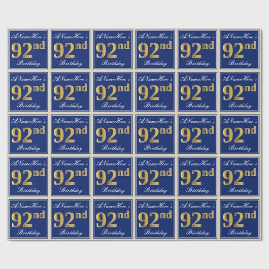 エレガント青、フェイク金ゴールド92番目の誕生日+名前 ラッピングペーパー (フラット)
