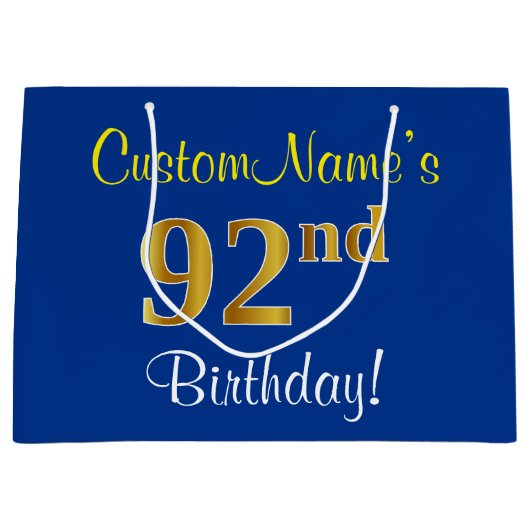 エレガント青、フェイク金ゴールド92番目の誕生日+名前 ラージペーパーバッグ (正面)