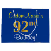 エレガント青、フェイク金ゴールド92番目の誕生日+名前 ラージペーパーバッグ (裏面)