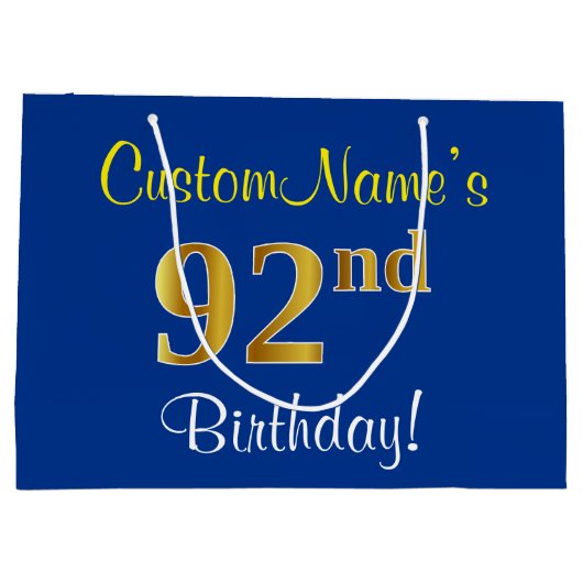 エレガント青、フェイク金ゴールド92番目の誕生日+名前 ラージペーパーバッグ (裏面)